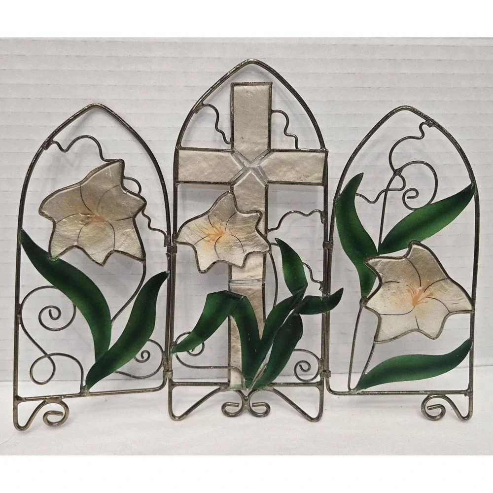 Vtg Capiz Shell Cross Calla Lily Triptych Panel 7.5